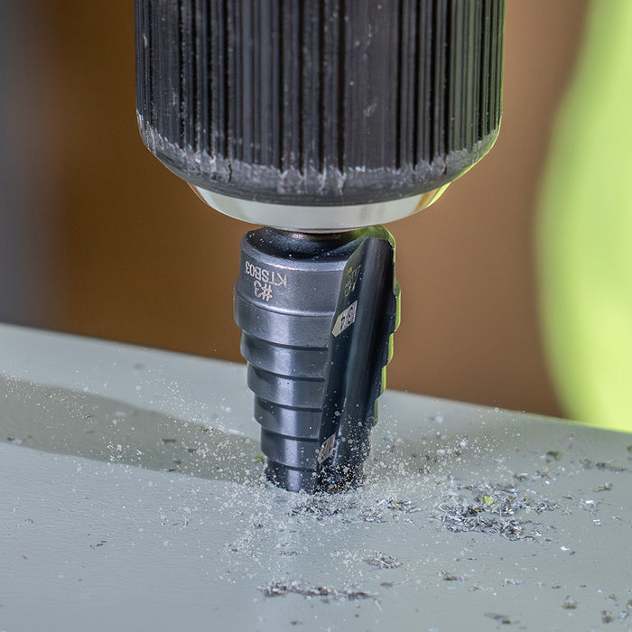 KLEIN TOOLS 9-Step Drill Bit, 3/8-Inch Hex, Double Straight Flute, 1/4-Inch to 3/4-Inch