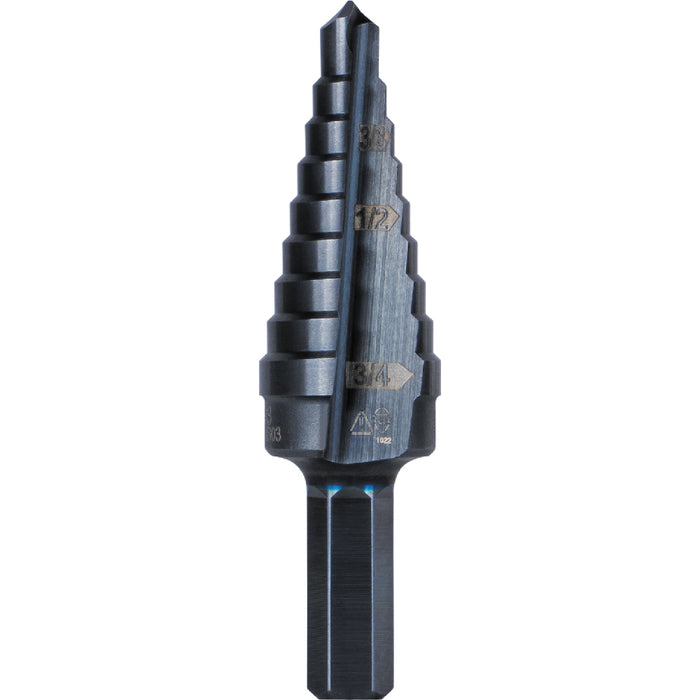 KLEIN TOOLS 9-Step Drill Bit, 3/8-Inch Hex, Double Straight Flute, 1/4-Inch to 3/4-Inch