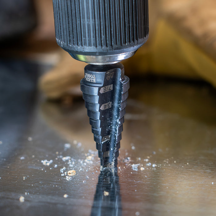 KLEIN TOOLS 12-Step Drill Bit, 3/8-Inch Hex, Double Straight Flute, 3/16-Inch to 7/8-Inch