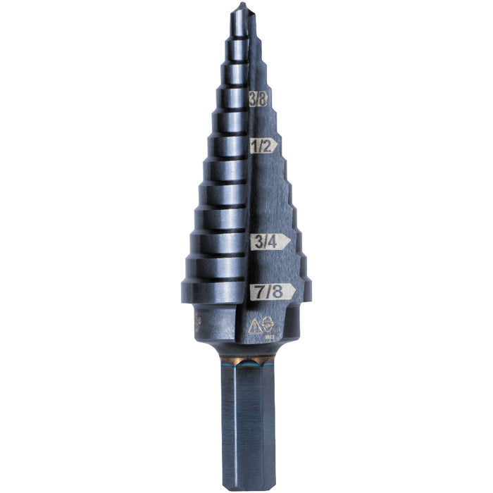 KLEIN TOOLS 12-Step Drill Bit, 3/8-Inch Hex, Double Straight Flute, 3/16-Inch to 7/8-Inch