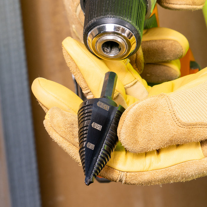 KLEIN TOOLS 3-Step Drill Bit, 3/8-Inch Hex, Double Straight Flute, 7/8-Inch to 1-3/8-Inch