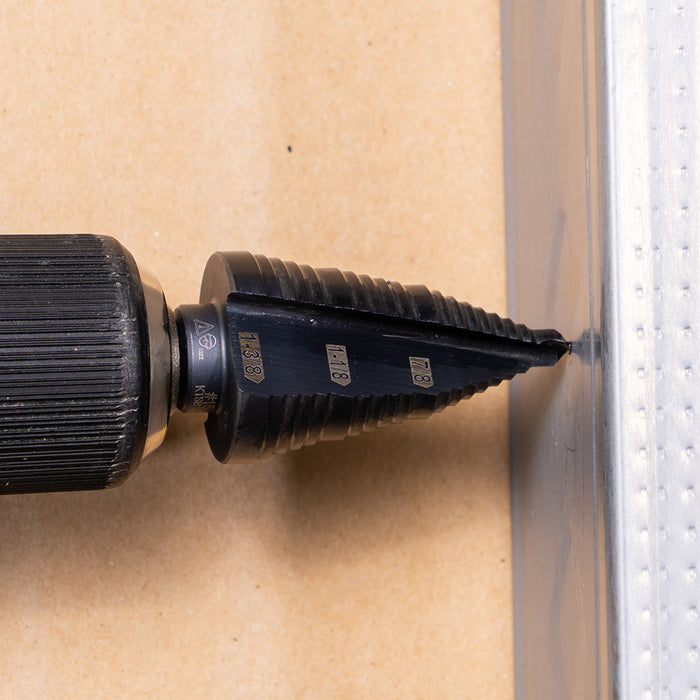 KLEIN TOOLS 3-Step Drill Bit, 3/8-Inch Hex, Double Straight Flute, 7/8-Inch to 1-3/8-Inch