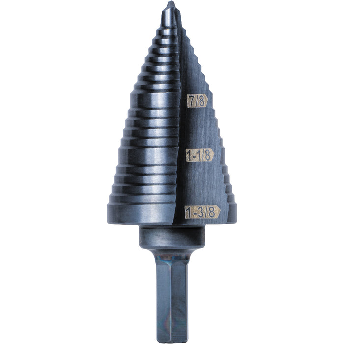 KLEIN TOOLS 3-Step Drill Bit, 3/8-Inch Hex, Double Straight Flute, 7/8-Inch to 1-3/8-Inch