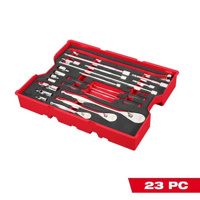 Milwaukee 23 pc. 1/4”, 3/8”, & 1/2” Drive Ratchet and Accessory Set with Tray for PACKOUT™ Drawers