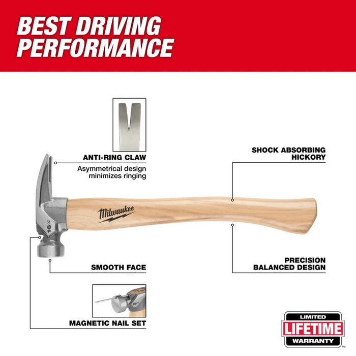 Milwaukee 16oz Smooth Face Hickory Handle Hammer