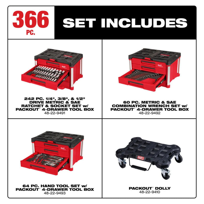 Milwaukee Master Mechanics Hand Tool Set with PACKOUT Drawers and Dolly, 366 Pieces 48-22-9495