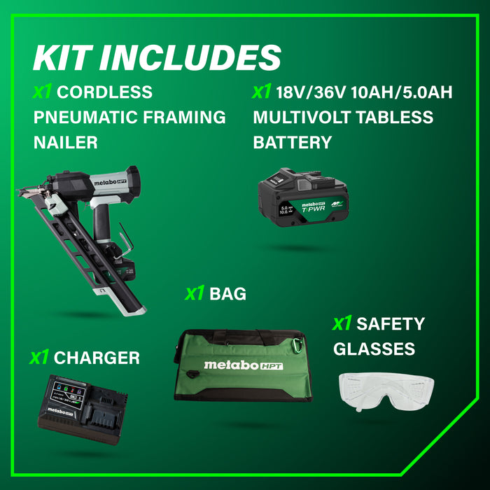 Metabo HPT 18V 30° Cordless Pneumatic 3-1/2" Paper Strip Framing Nailer Kit