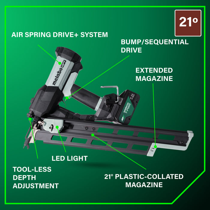 Metabo HPT 18V 21° Cordless Pneumatic 3-1/2” Plastic Strip Framing Nailer Kit