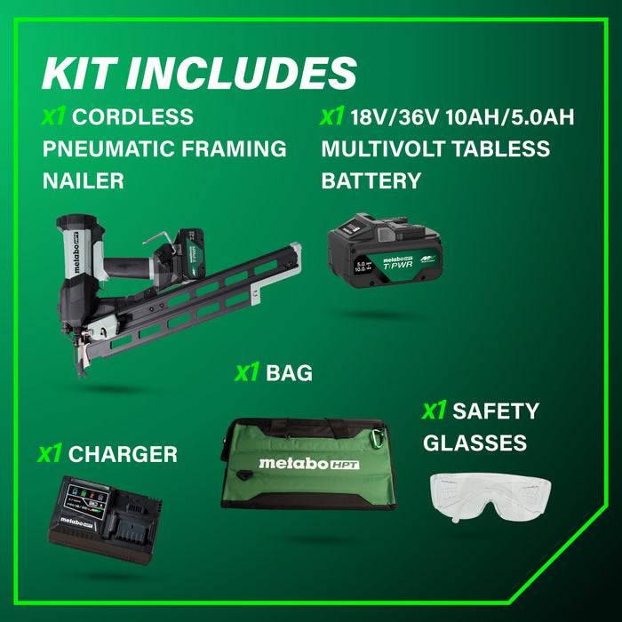 Metabo HPT 18V 21° Cordless Pneumatic 3-1/2” Plastic Strip Framing Nailer Kit