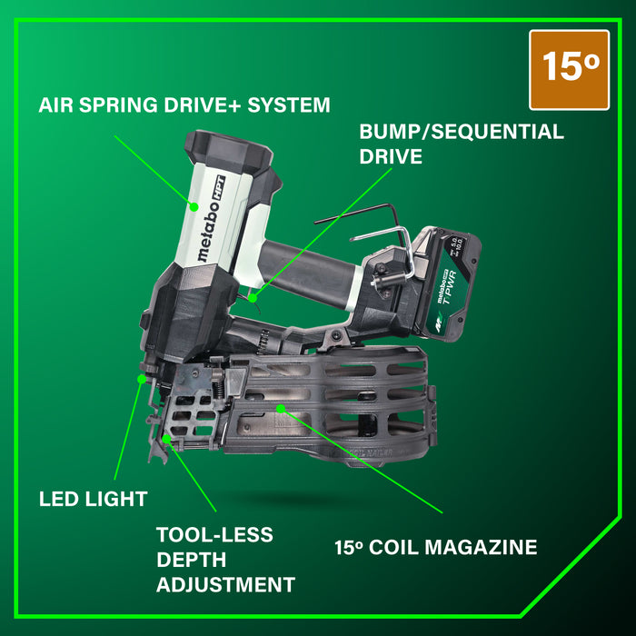 Metabo HPT 18V 15° Cordless Pneumatic 3-1/2" Coil Framing Nailer Kit