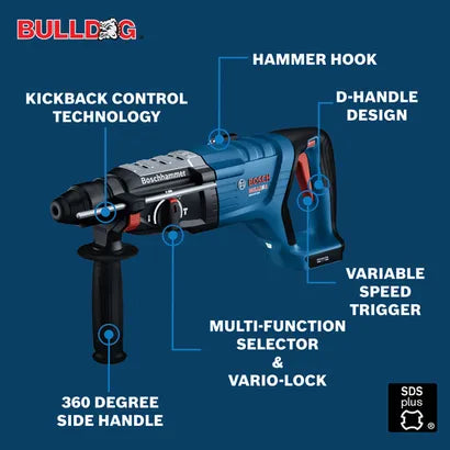 BOSCH 18V Brushless Connected-Ready SDS-plus® Bulldog™ 1-1/8 In. Rotary Hammer Kit with (2) CORE18V 8 Ah High Power Batteries