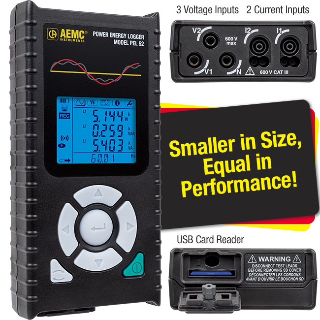 AEMC 2137.69 Power & Energy Logger Model PEL 52 (w/LCD, w/2 MA193-10-BK Sensors, DataView® Software) For Sale in USA Only