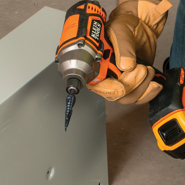 KLEIN TOOLS Step Drill Bit, Quick Release, Double Spiral Flute, 1/8 to 1/2-Inch