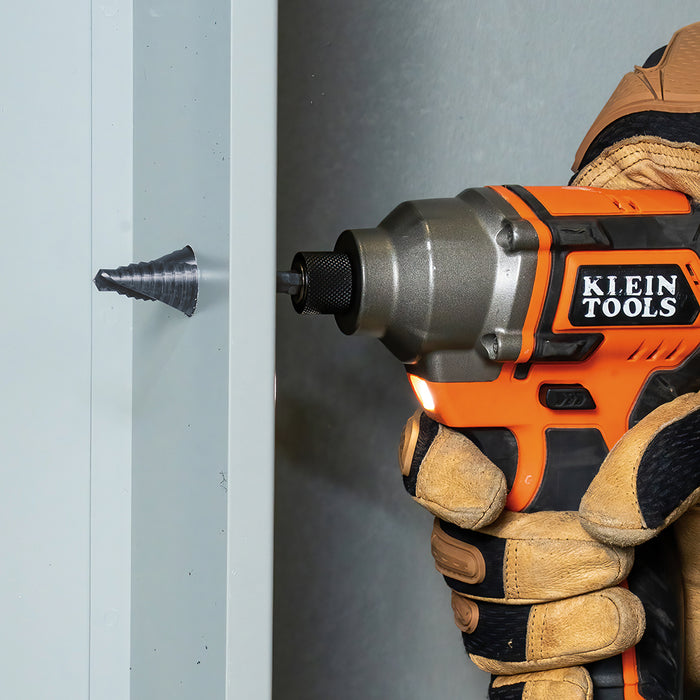 KLEIN TOOLS Step Drill Bit, Quick Release, Double Spiral Flute, 7/8 to 1-1/8-Inch