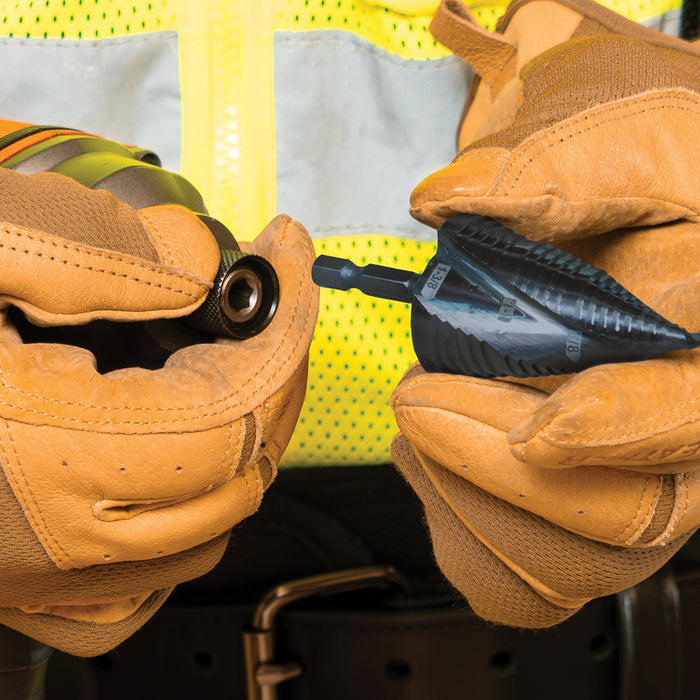 KLEIN TOOLS Step Drill Bit, Quick Release, Double Spiral Flute, 7/8 to 1-3/8-Inch