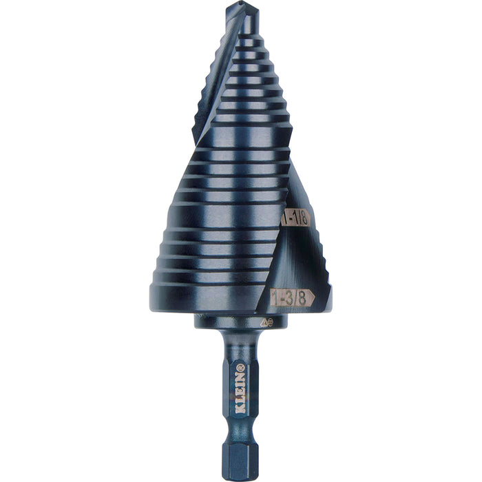 KLEIN TOOLS Step Drill Bit, Quick Release, Double Spiral Flute, 7/8 to 1-3/8-Inch