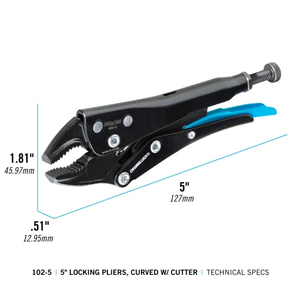 CHANNELLOCK 5" Locking Pliers, Curved Jaw w/ Cutter