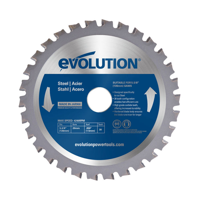 EVOLUTION 5-3/8" 30T, eje de 25/32", hoja de corte de acero dulce y metales ferrosos con punta de carburo de tungsteno