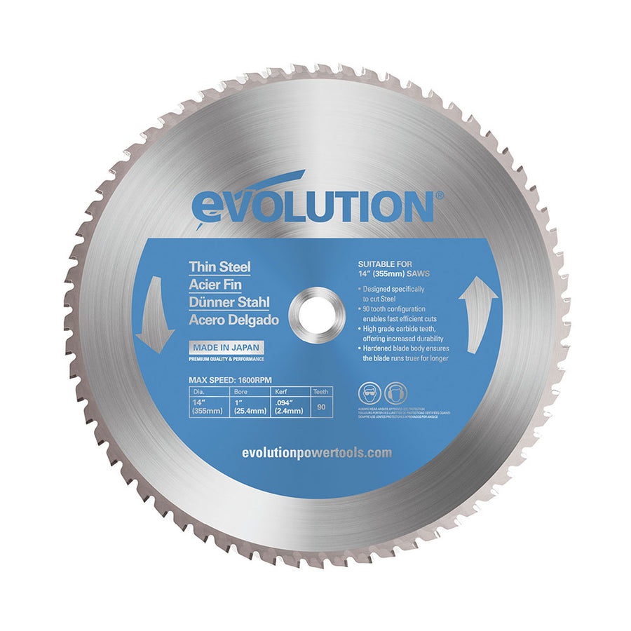 EVOLUTION 14" 90T, 1" Arbor, Tungsten Carbide Tipped Thin Steel & Ferrous Metal Cutting Blade