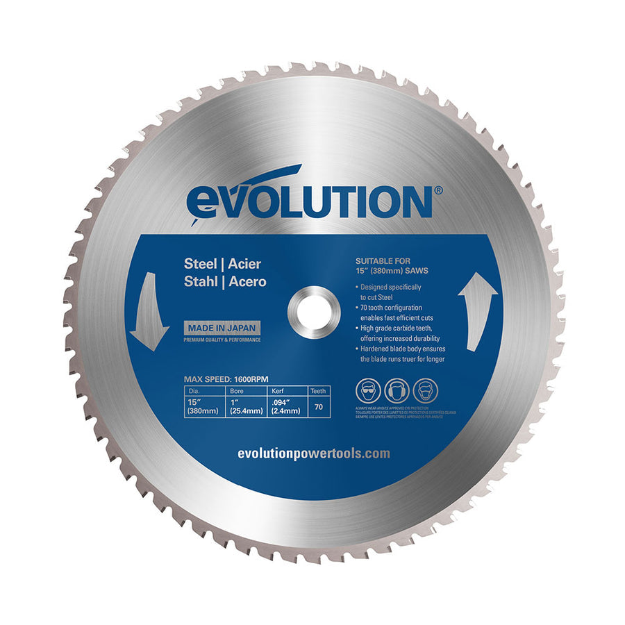 EVOLUTION 15" 70T, 1" Arbor, Tungsten Carbide Tipped Mild Steel & Ferrous Metal Cutting Blade
