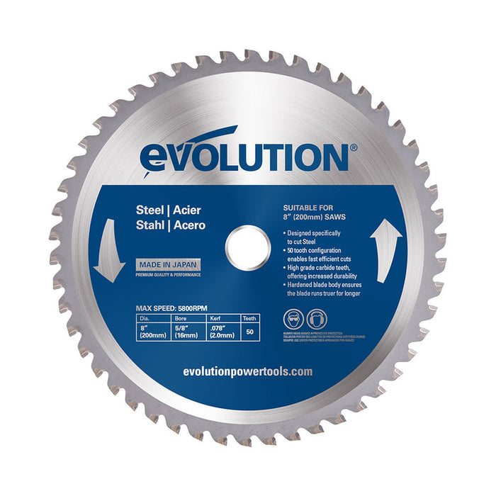 EVOLUTION Hoja de corte de acero dulce con punta de carburo de tungsteno, 8" 50T, diámetro de 5/8"