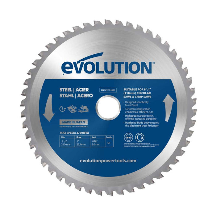 EVOLUTION 8-1/4" 50T, 1" de diámetro, hoja de acero dulce y metal ferroso con punta de carburo de tungsteno (se adapta a sierras circulares y sierras de corte)