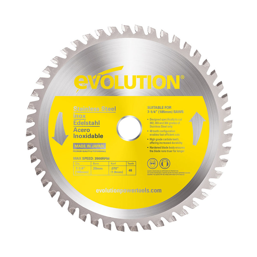 EVOLUTION 7-1/4" 48T, 25/32" Arbor, Tungsten Carbide Tipped Stainless Steel Cutting Blade