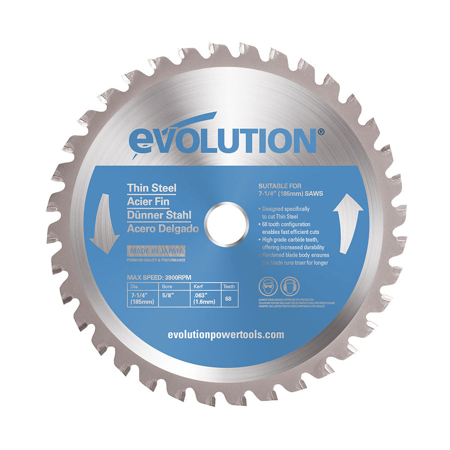EVOLUTION 7-1/4" 68T, 25/32" Arbor, Tungsten Carbide Tipped Thin Steel & Ferrous Metal Cutting Blade