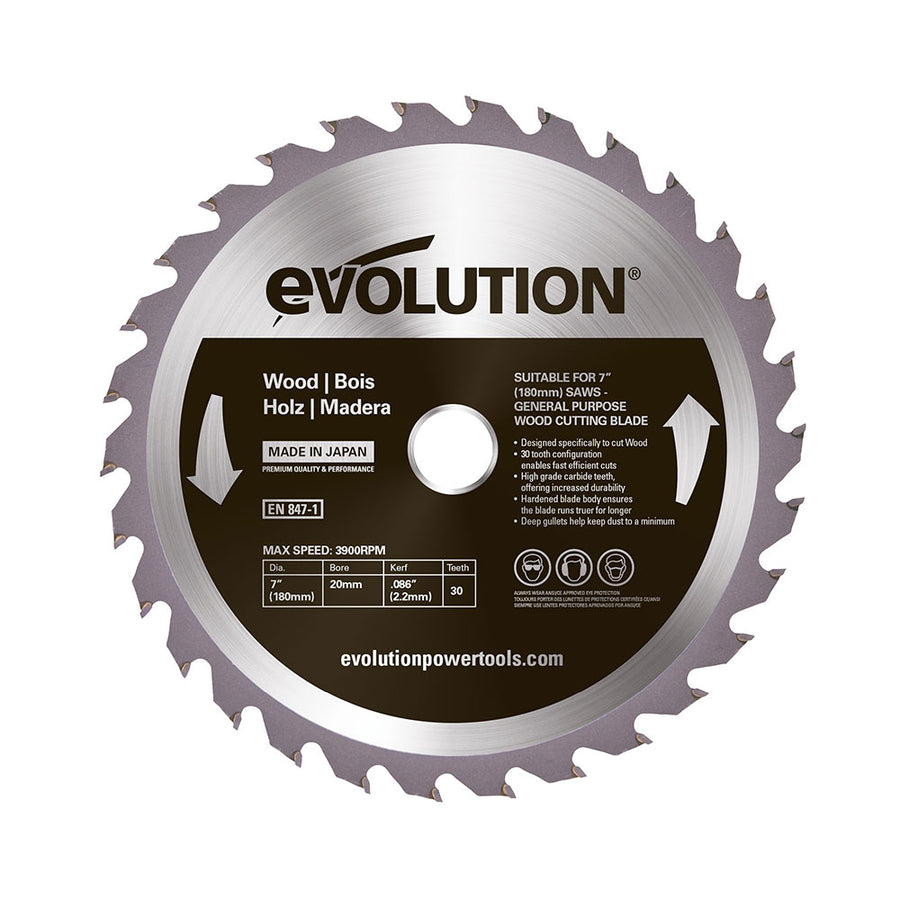 EVOLUTION 7" 30T, 25/32" Arbor, Tungsten Carbide Tipped, Standard Course-Cutting Rip Blade For Wood