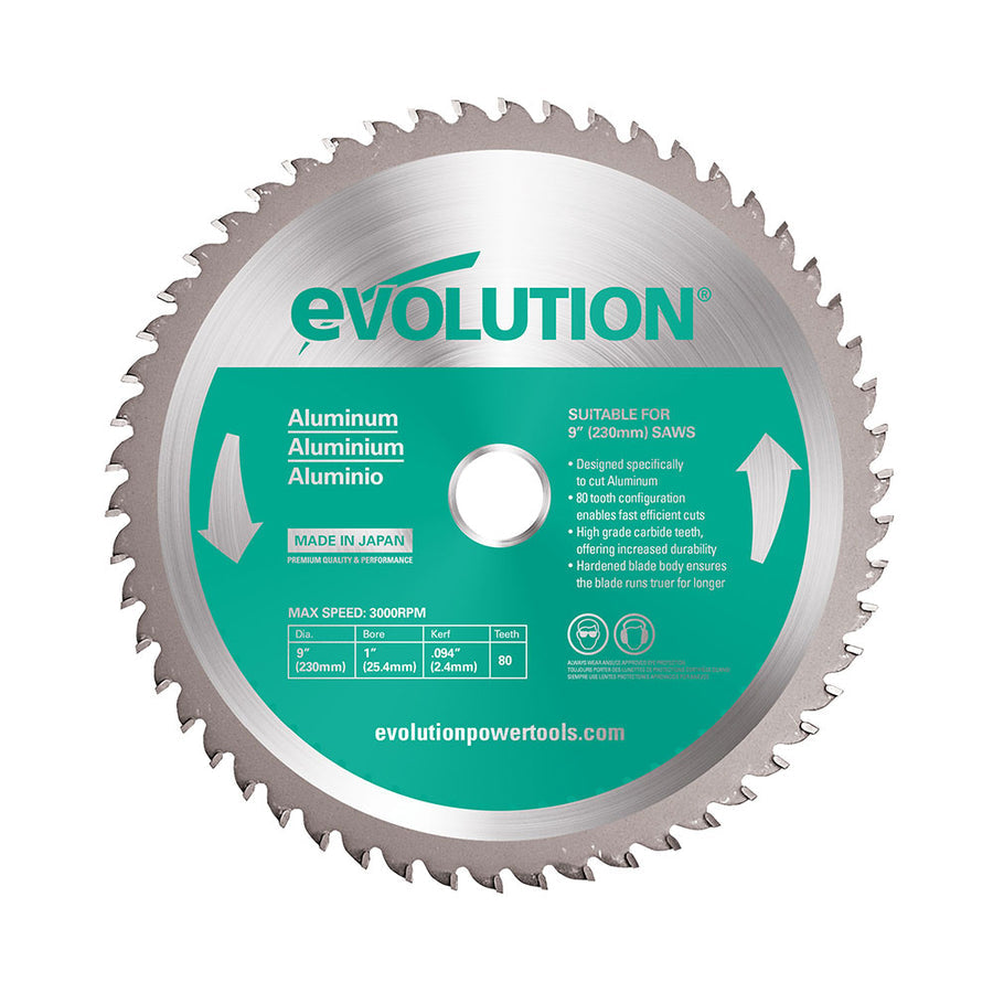 EVOLUTION 9" 80T, 1" Arbor, Tungsten Carbide Tipped Aluminum & Non-Ferrous Metal Cutting Blade