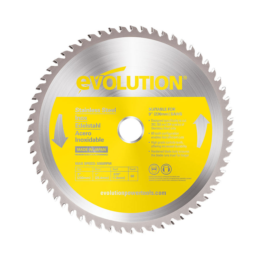 EVOLUTION 9" 60T, 1" Arbor, Tungsten Carbide Tipped Stainless Steel Cutting Blade
