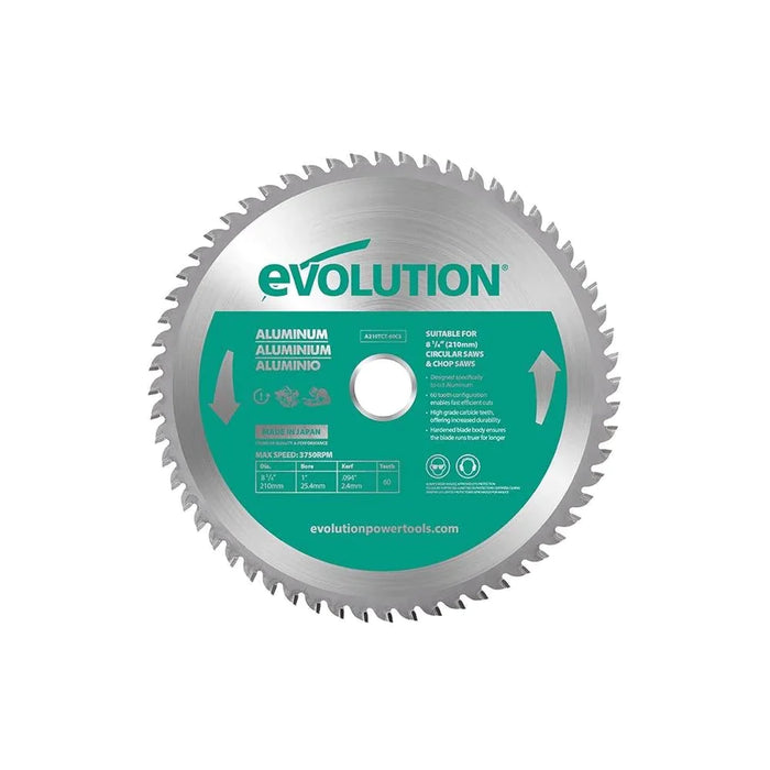 EVOLUTION 8-1/4" 60T, 1" de diámetro, hoja de corte de aluminio y metales no ferrosos con punta de carburo de tungsteno (se adapta a sierras circulares y de corte)