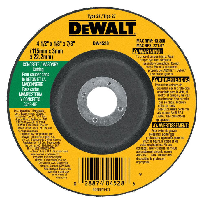 DEWALT 4-1/2" Cut Off Wheel, Concrete/Masonry, 4-1/2" X 1/8" X 7/8"