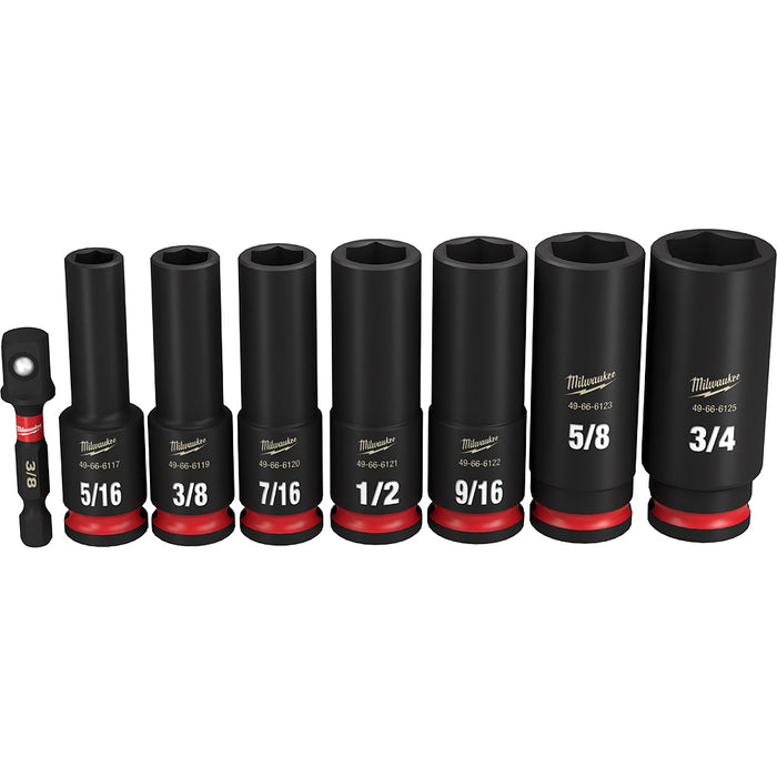 MILWAUKEE Juego de llaves de vaso de 6 puntos profundos SAE con accionamiento de 3/8" SHOCKWAVE Impact Duty de 8 piezas