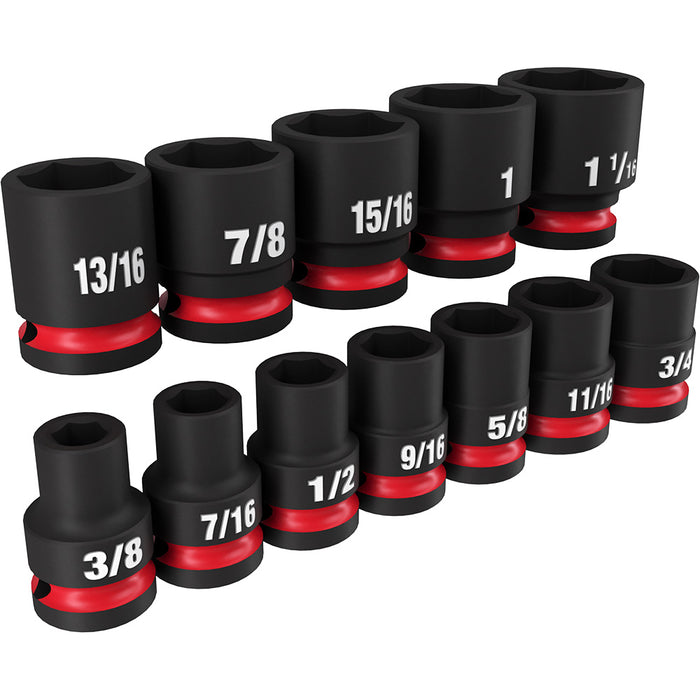 Juego de llaves de vaso de 6 puntos estándar SAE con accionamiento de 1/2" MILWAUKEE de 12 piezas SHOCKWAVE Impact Duty