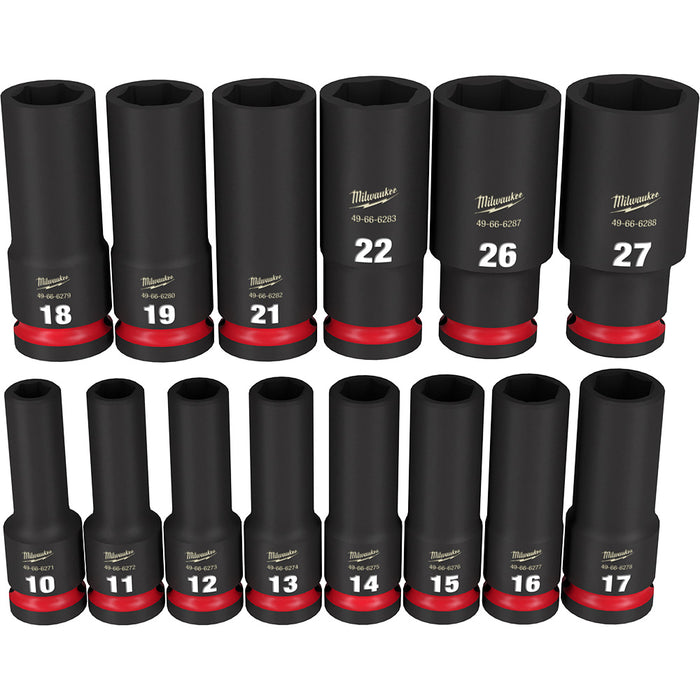 MILWAUKEE Juego de llaves de vaso de 6 puntos de profundidad métricas con accionamiento de 1/2" SHOCKWAVE Impact Duty, 14 piezas