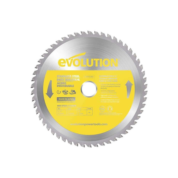 EVOLUTION 8-1/4" 54T, 1" de diámetro, hoja de acero inoxidable y metal ferroso con punta de carburo de tungsteno (se adapta a sierras circulares)