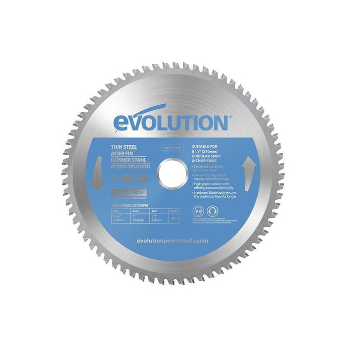 EVOLUTION 8-1/4" 68T, 1" de diámetro, hoja fina de acero y metal ferroso con punta de carburo de tungsteno (se adapta a sierras circulares)